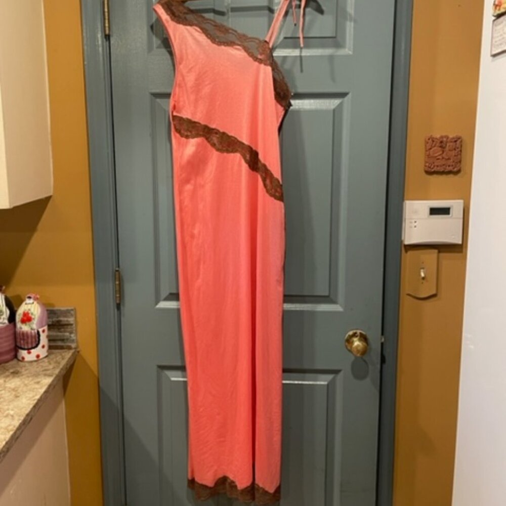 Sheer Madness circa 70s coral and lace gown S, never worn